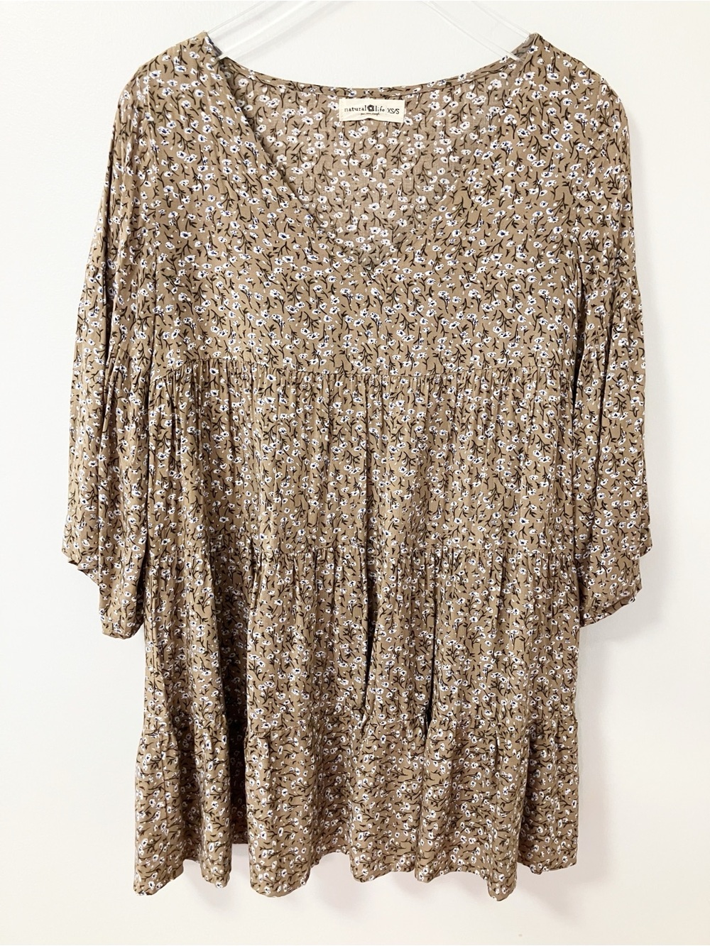 Natural Life | Tan Floral Tiered Dress S Boho Chic Cottagecore Country Earthy
